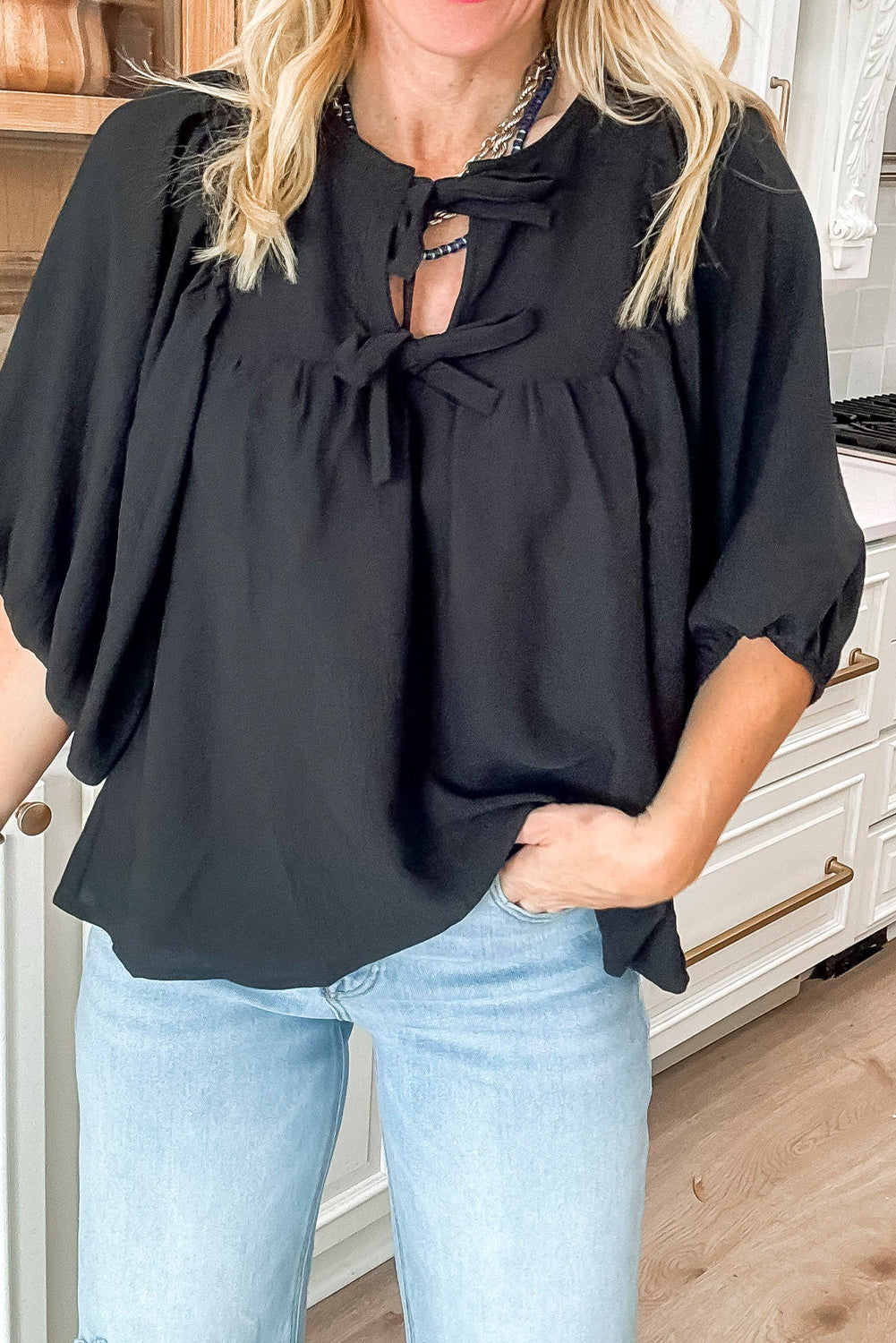 Everly Bow Tie Neck 3/4 Sleeve Top