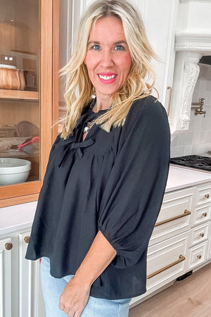 Everly Bow Tie Neck 3/4 Sleeve Top