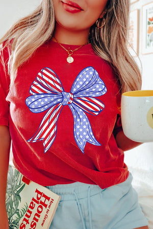 Red, White & Cute American Flag Bow Crew Neck Tee