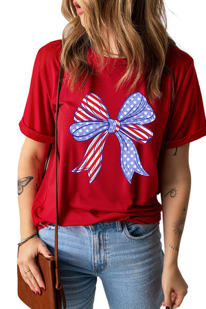 Red, White & Cute American Flag Bow Crew Neck Tee