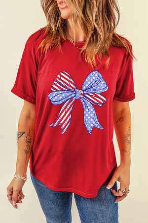 Red, White & Cute American Flag Bow Crew Neck Tee