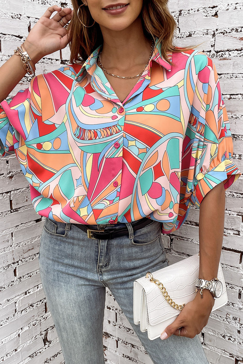Paint The Town Abstract Geometry Button-Up Top