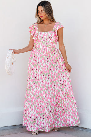 Calypso Pink Floral Print Square Neck Ruffled Strap Maxi Dress