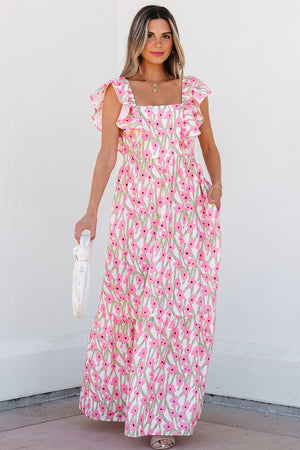 Calypso Pink Floral Print Square Neck Ruffled Strap Maxi Dress