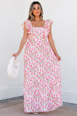 Calypso Pink Floral Print Square Neck Ruffled Strap Maxi Dress
