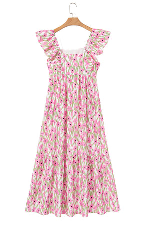 Calypso Floral Print Square Neck Ruffled Strap Maxi Dress