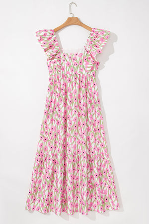Calypso Pink Floral Print Square Neck Ruffled Strap Maxi Dress