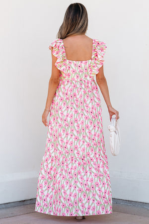 Calypso Floral Print Square Neck Ruffled Strap Maxi Dress