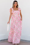 Calypso Floral Print Square Neck Ruffled Strap Maxi Dress