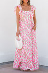 Calypso Floral Print Square Neck Ruffled Strap Maxi Dress