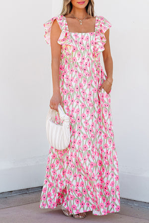 Calypso Floral Print Square Neck Ruffled Strap Maxi Dress