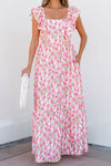 Calypso Floral Print Square Neck Ruffled Strap Maxi Dress