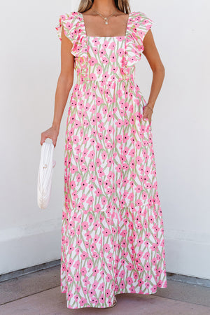 Calypso Floral Print Square Neck Ruffled Strap Maxi Dress