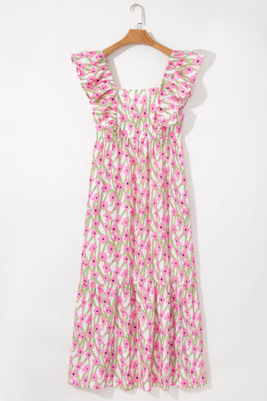 Calypso Floral Print Square Neck Ruffled Strap Maxi Dress
