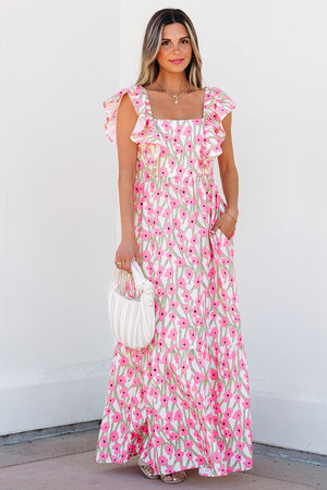 Calypso Floral Print Square Neck Ruffled Strap Maxi Dress