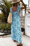 Calypso Blue Floral Print Square Neck Ruffled Strap Maxi Dress