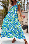 Calypso Blue Floral Print Square Neck Ruffled Strap Maxi Dress