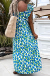 Calypso Blue Floral Print Square Neck Ruffled Strap Maxi Dress
