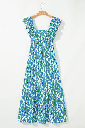 Calypso Blue Floral Print Square Neck Ruffled Strap Maxi Dress
