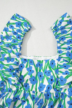 Calypso Blue Floral Print Square Neck Ruffled Strap Maxi Dress