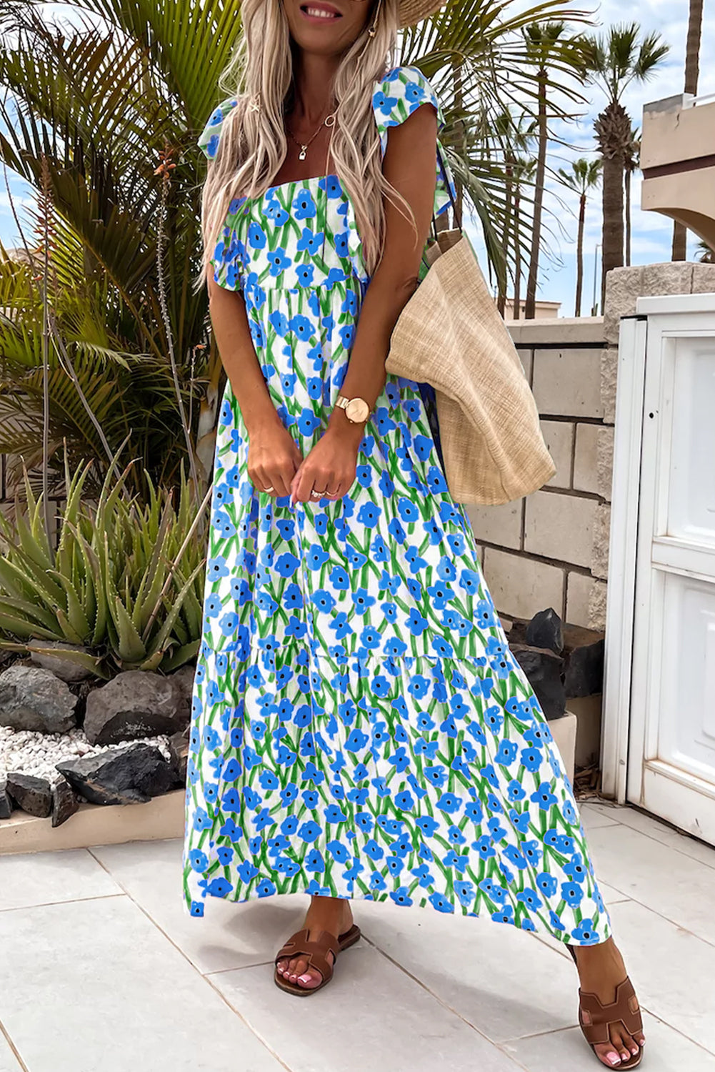 Calypso Blue Floral Print Square Neck Ruffled Strap Maxi Dress