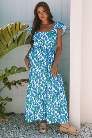 Calypso Blue Floral Print Square Neck Ruffled Strap Maxi Dress