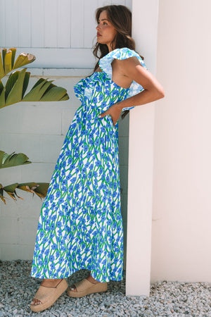 Calypso Blue Floral Print Square Neck Ruffled Strap Maxi Dress