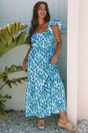 Calypso Blue Floral Print Square Neck Ruffled Strap Maxi Dress