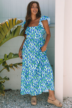 Calypso Blue Floral Print Square Neck Ruffled Strap Maxi Dress
