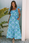 Calypso Blue Floral Print Square Neck Ruffled Strap Maxi Dress