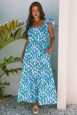 Calypso Blue Floral Print Square Neck Ruffled Strap Maxi Dress