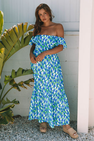 Calypso Blue Floral Print Square Neck Ruffled Strap Maxi Dress