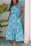 Calypso Blue Floral Print Square Neck Ruffled Strap Maxi Dress