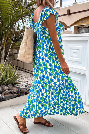 Calypso Blue Floral Print Square Neck Ruffled Strap Maxi Dress