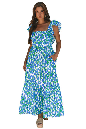 Calypso Blue Floral Print Square Neck Ruffled Strap Maxi Dress