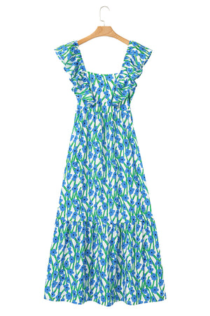 Calypso Blue Floral Print Square Neck Ruffled Strap Maxi Dress