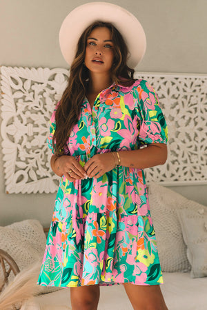 Barefoot in Barcelona Floral Puff Sleeve Collar Buttoned Babydoll Dress