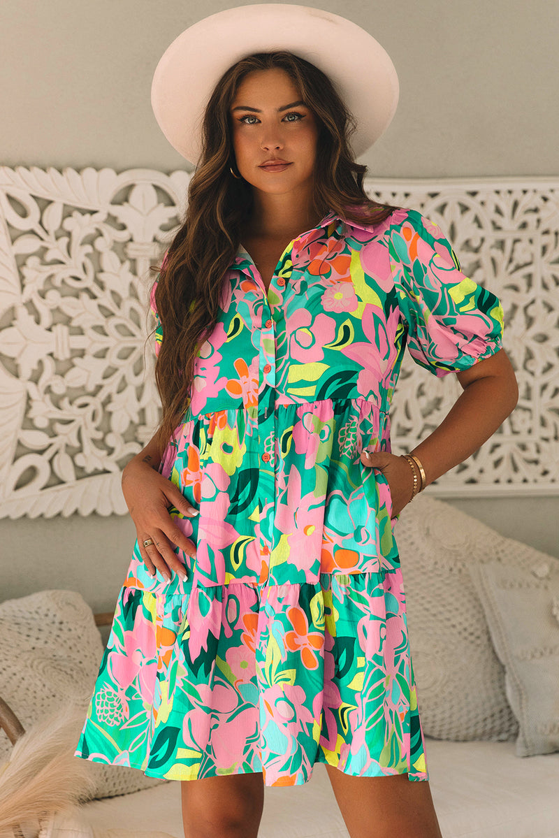 Barefoot in Barcelona Floral Puff Sleeve Collar Buttoned Babydoll Dress