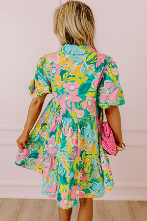Barefoot in Barcelona Floral Puff Sleeve Collar Buttoned Babydoll Dress