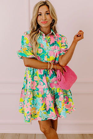 Barefoot in Barcelona Floral Puff Sleeve Collar Buttoned Babydoll Dress