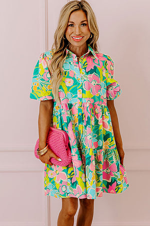 Barefoot in Barcelona Floral Puff Sleeve Collar Buttoned Babydoll Dress