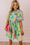 Barefoot in Barcelona Floral Puff Sleeve Collar Buttoned Babydoll Dress