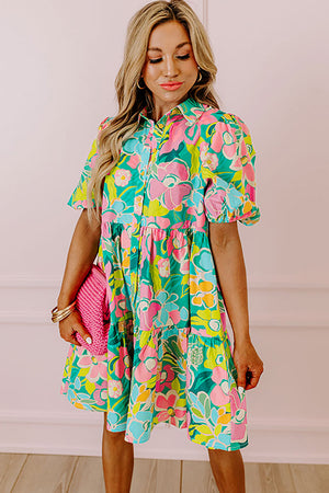 Barefoot in Barcelona Floral Puff Sleeve Collar Buttoned Babydoll Dress