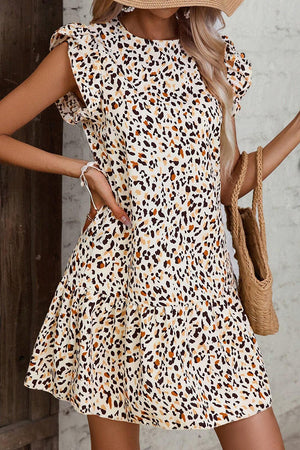 Wild Grace Leopard Ruffled Flutter Sleeve Dress