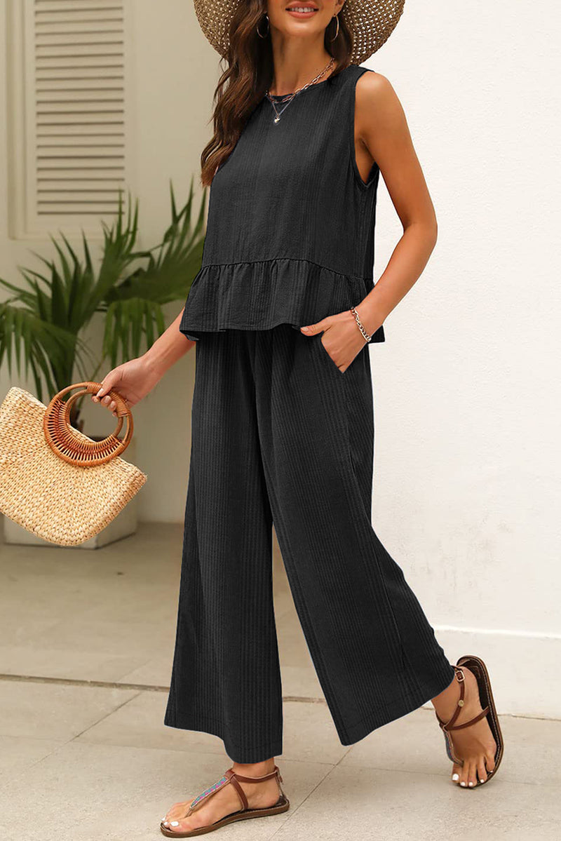 Let You Go Ribbed Ruffle Tank Top Pants Set