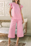 Pretty In Pink Textured Pearled Ruffled Sleeve Wide Leg Pants Set