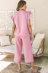 Pretty In Pink Textured Pearled Ruffled Sleeve Wide Leg Pants Set