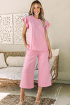 Pretty In Pink Textured Pearled Ruffled Sleeve Wide Leg Pants Set