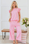 Pretty In Pink Textured Pearled Ruffled Sleeve Wide Leg Pants Set