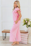 Pretty In Pink Textured Pearled Ruffled Sleeve Wide Leg Pants Set